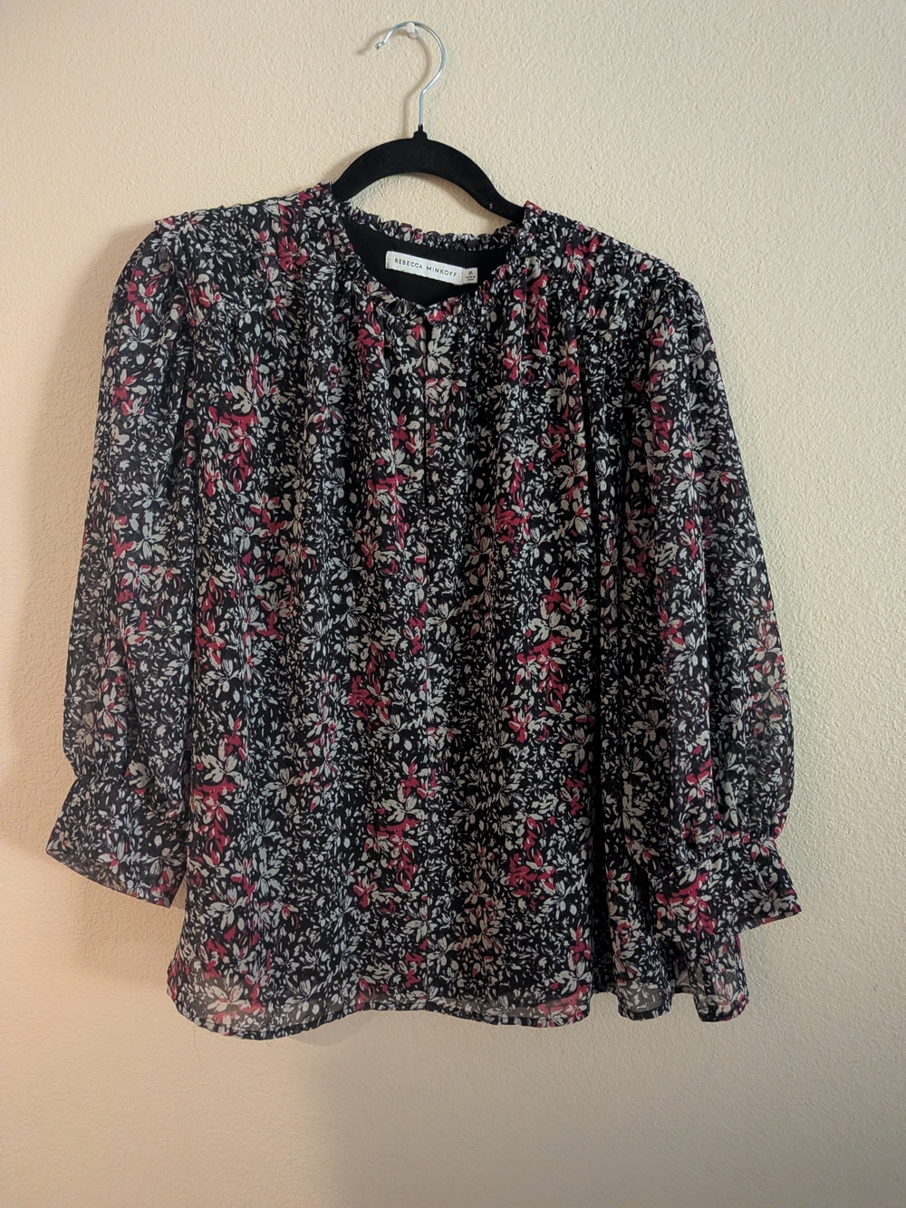 Rebecca Minkoff Black Floral Puff-Sleeve Blouse with Pink Accents